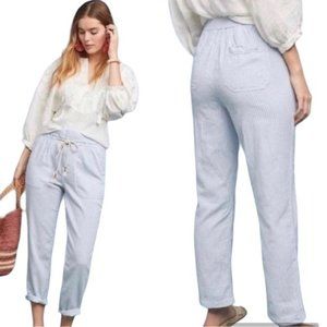 Anthropologie Seashore Linen Crop Pants Stripes blue white
